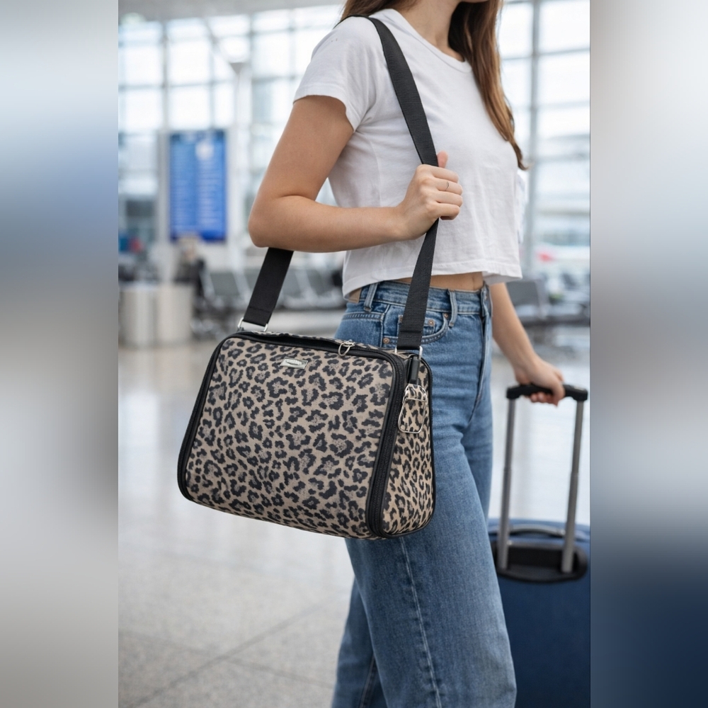 Leopard Print Crossbody Organizer Bag Adjustable Strap Multiple Compartments Tra